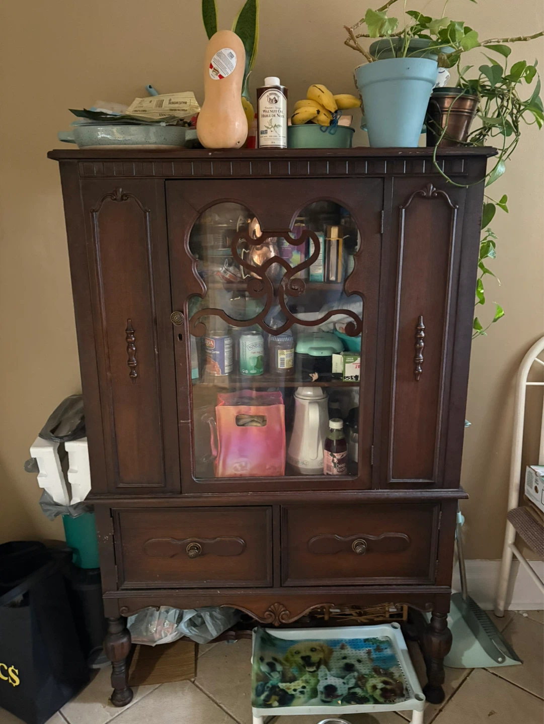 Vintage Wooden China Cabinet with Glass Doors
