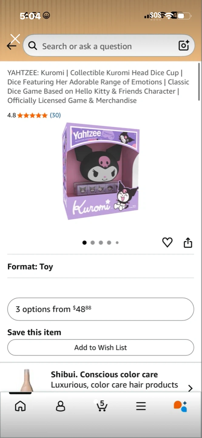 Yahtzee Kuromi Collectible Dice Game