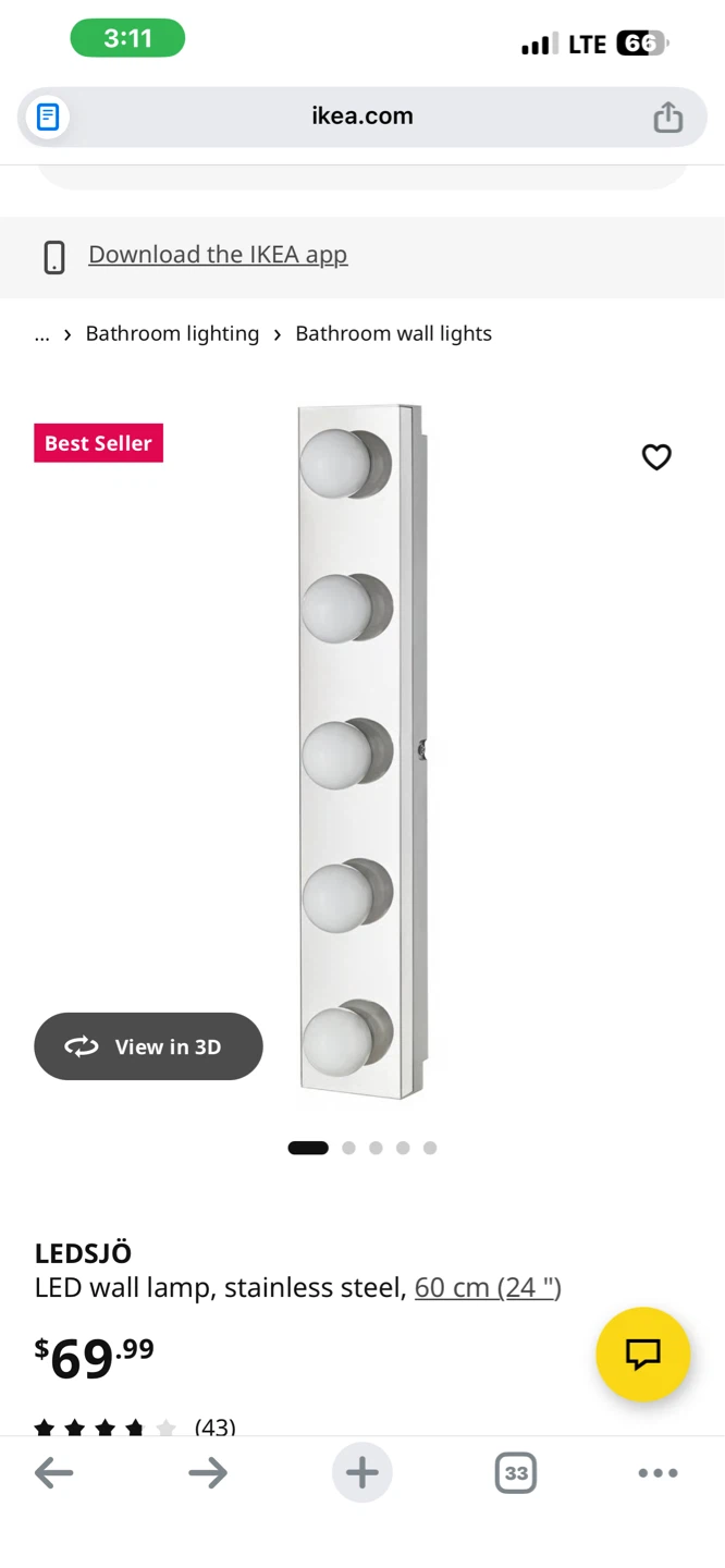 IKEA LEDSJÖ LED Wall Lamp, Stainless Steel, 60 cm