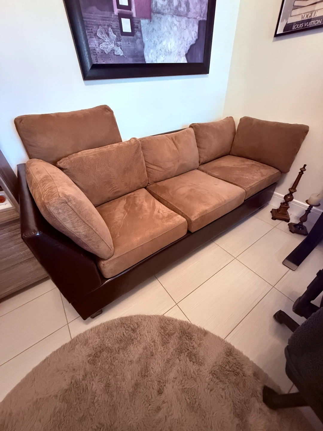 Brown Suede and Dark Brown Leather Sofa