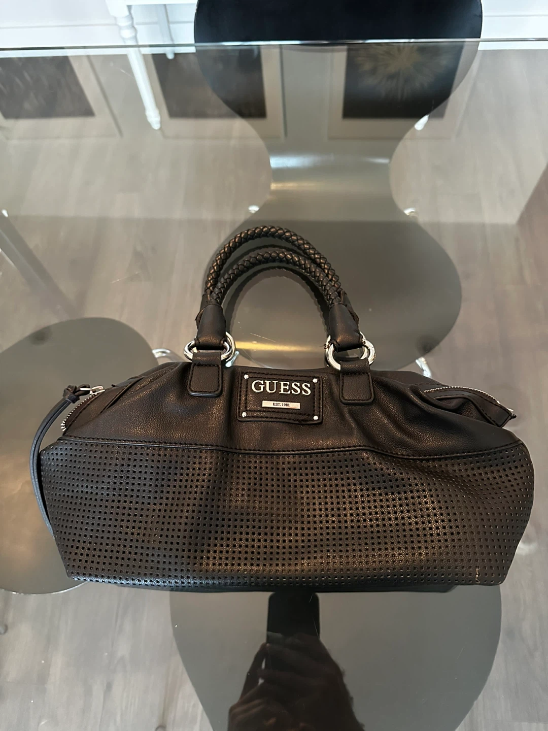 GUESS Black Perforated Satchel Handbag