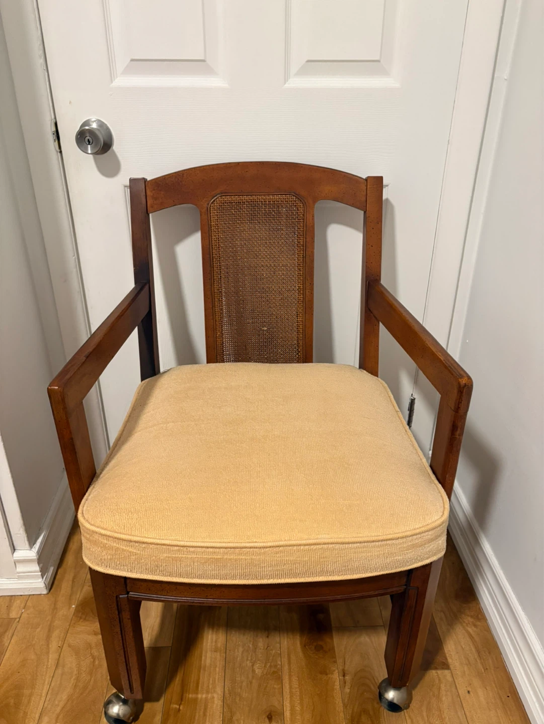 Wooden Armchair with Cane Back and Upholstered Seat
