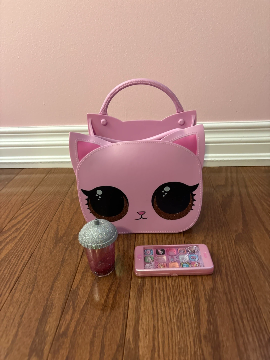 Pink Cat Purse with Toy Phone and Cup