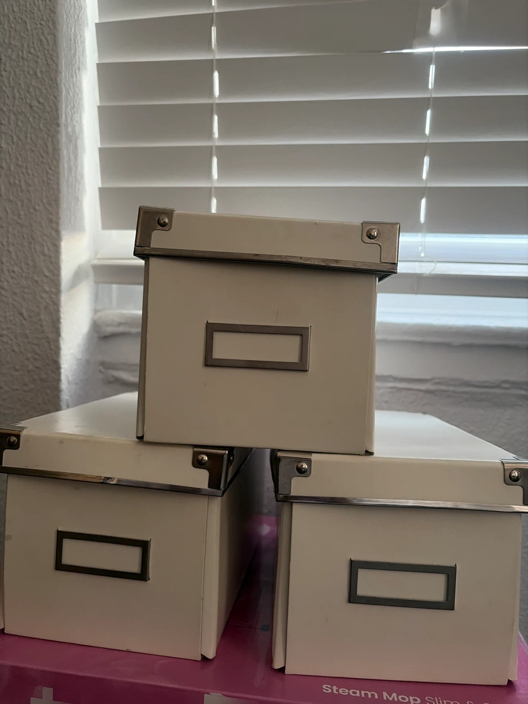 Set of 3 Cream Storage Boxes with Label Holders