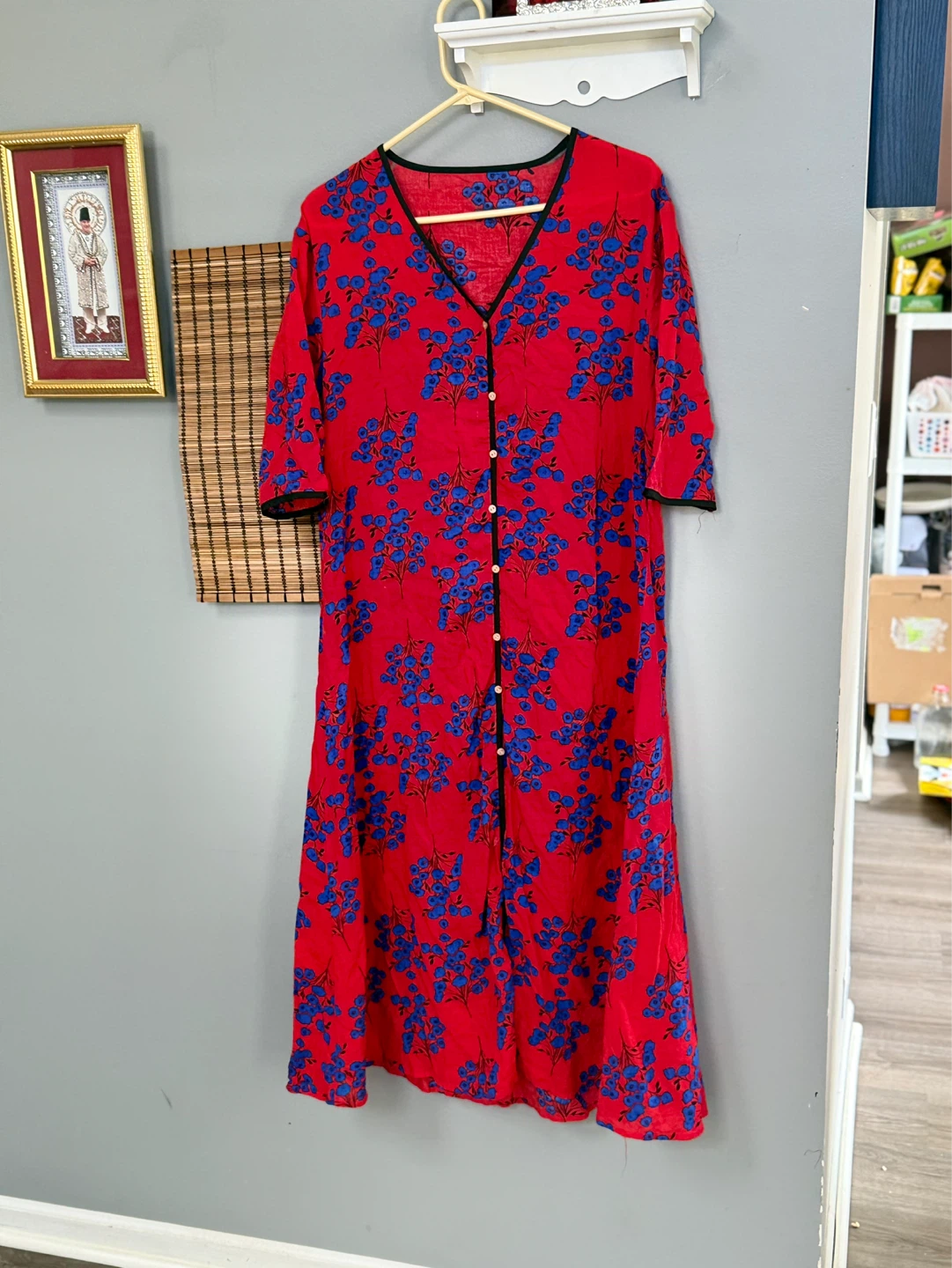 Red floral maxi dress with blue flowers