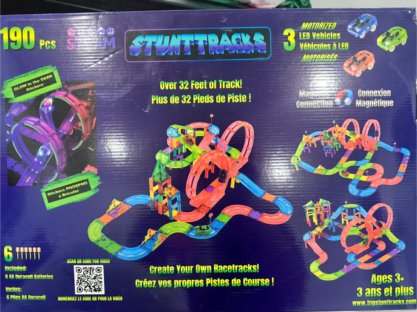 Stunt Tracks 190 Pcs Racetrack Set with 3 LED Vehicles
