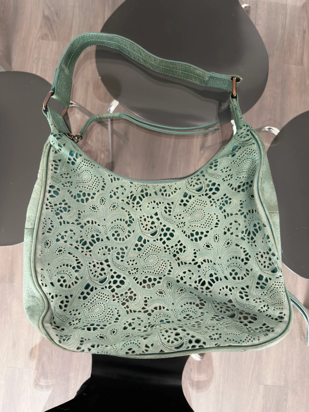 DANIER Genuine Leather Teal Cut Shoulder Bag - photo 4