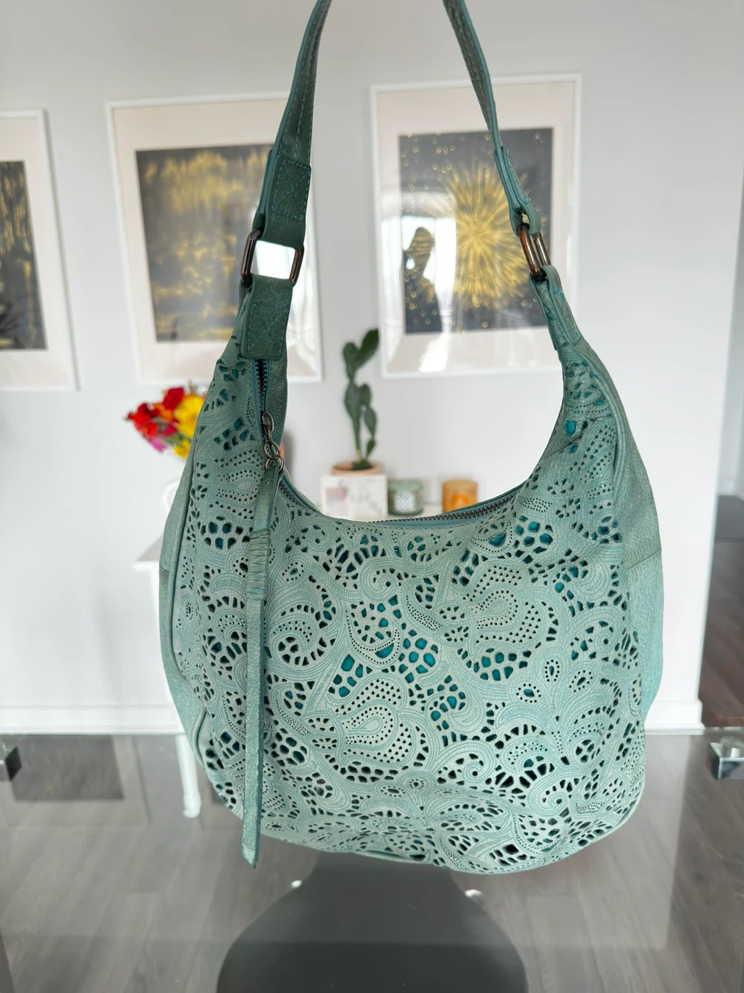 DANIER Genuine Leather Teal Cut Shoulder Bag - photo 2