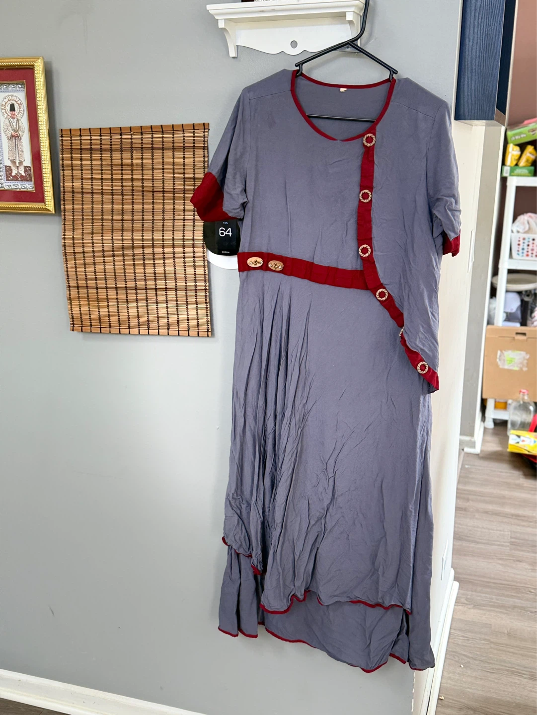 Gray & Red Dress with Decorative Buttons