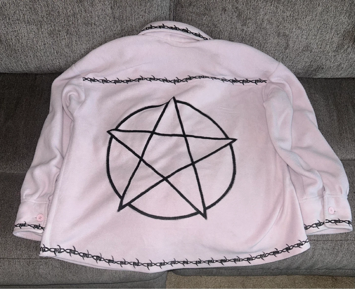 Pink Fleece Button-Up Sweater/Shirt wPentagram & Barbed Wire