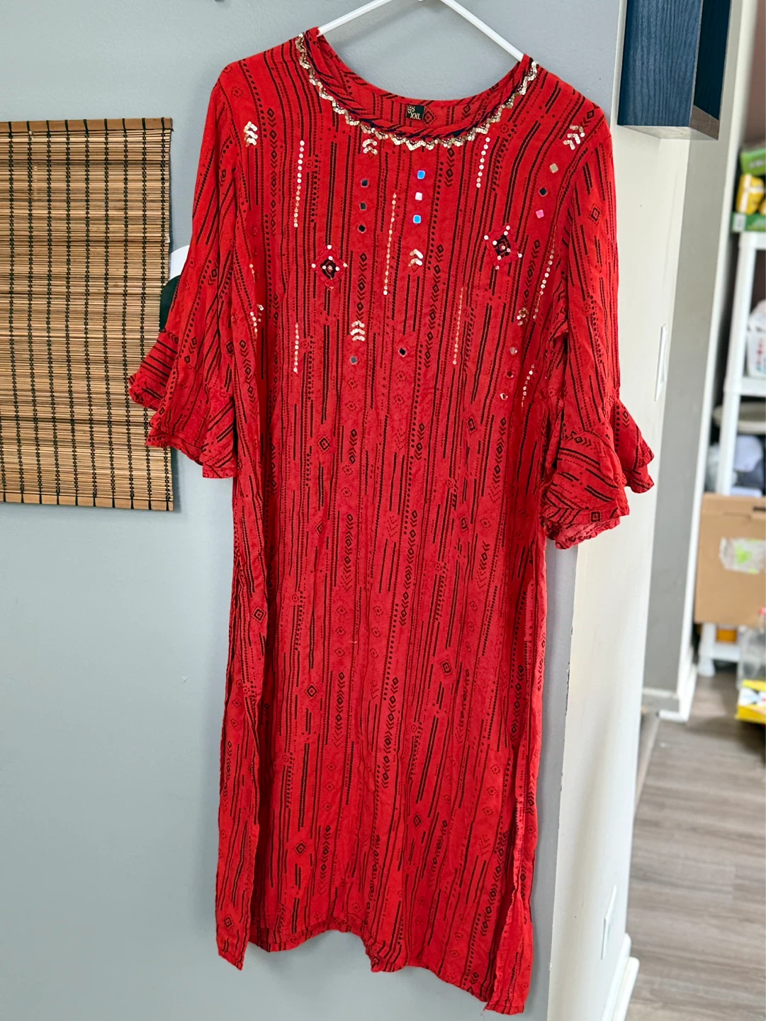 Red Dress with Black Geometric Print and Sequins - XXL