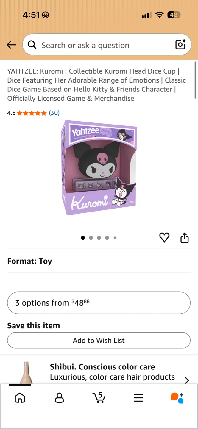 Yahtzee Kuromi Dice Game
