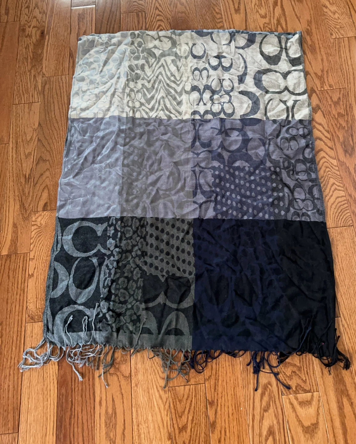 Coach Patchwork Monogram Scarf in Gray & Navy Tones
