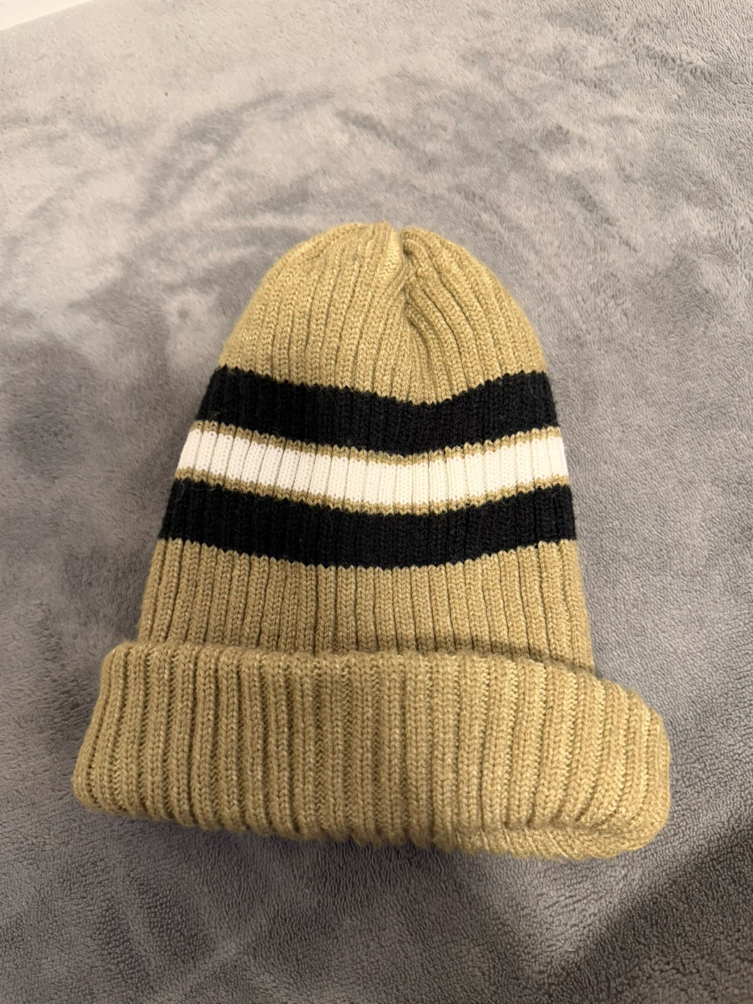 Tan Knit Beanie with Black and White Stripes