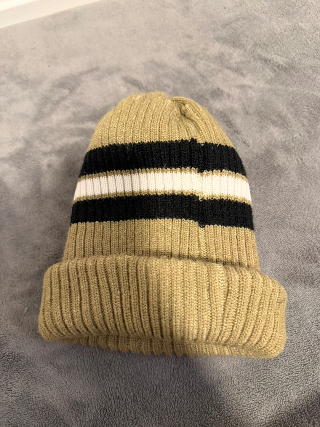 Tan Knit Beanie with Black and White Stripes - photo 2