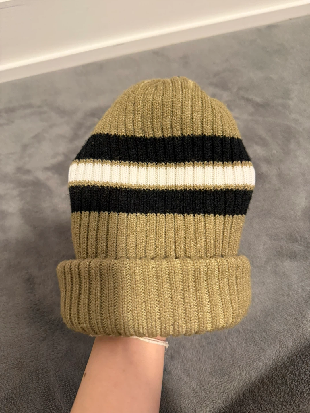 Tan Knit Beanie with Black and White Stripes - photo 3