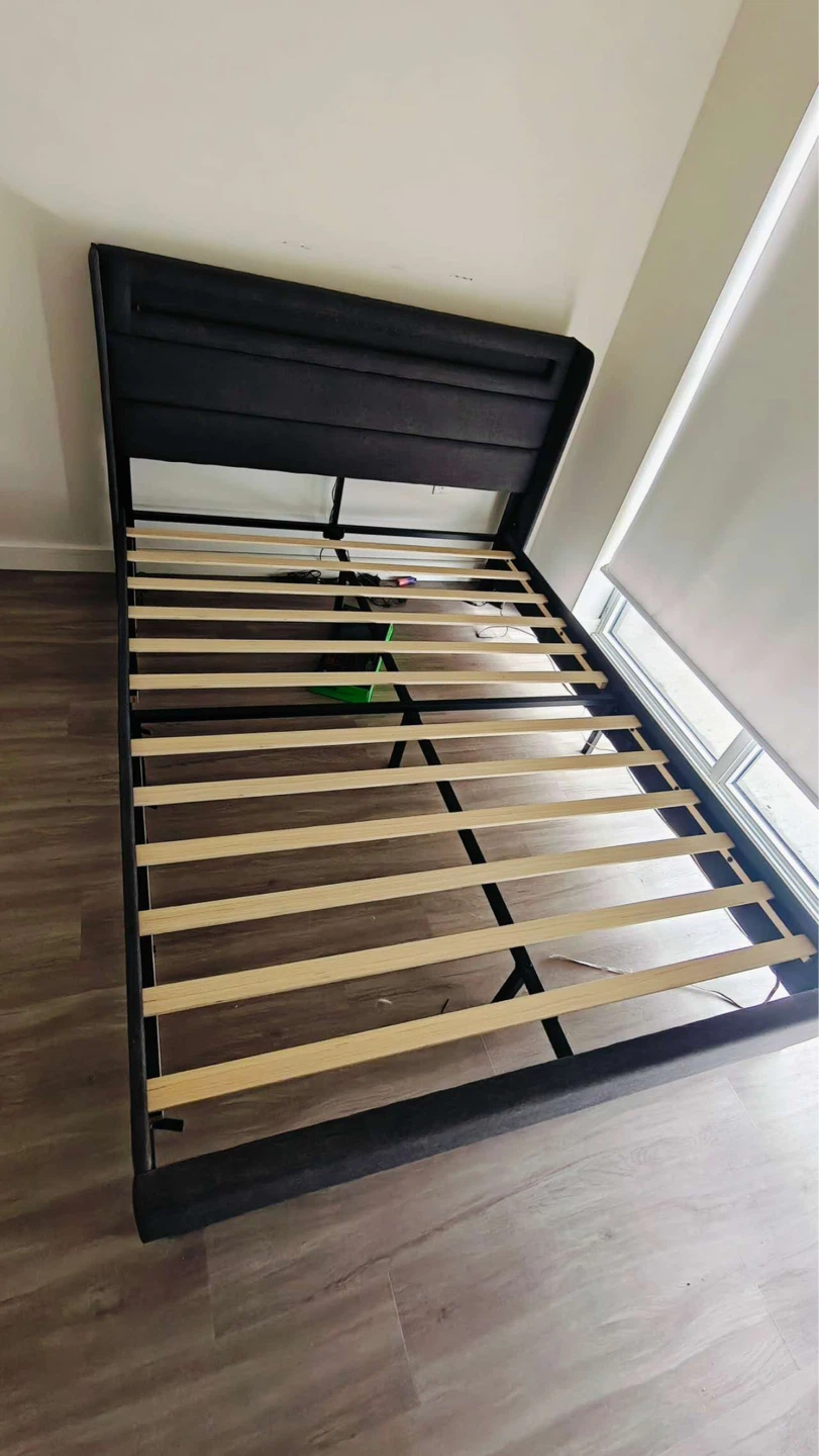 Dark Grey Upholstered Queen Bed Frame with Headboard