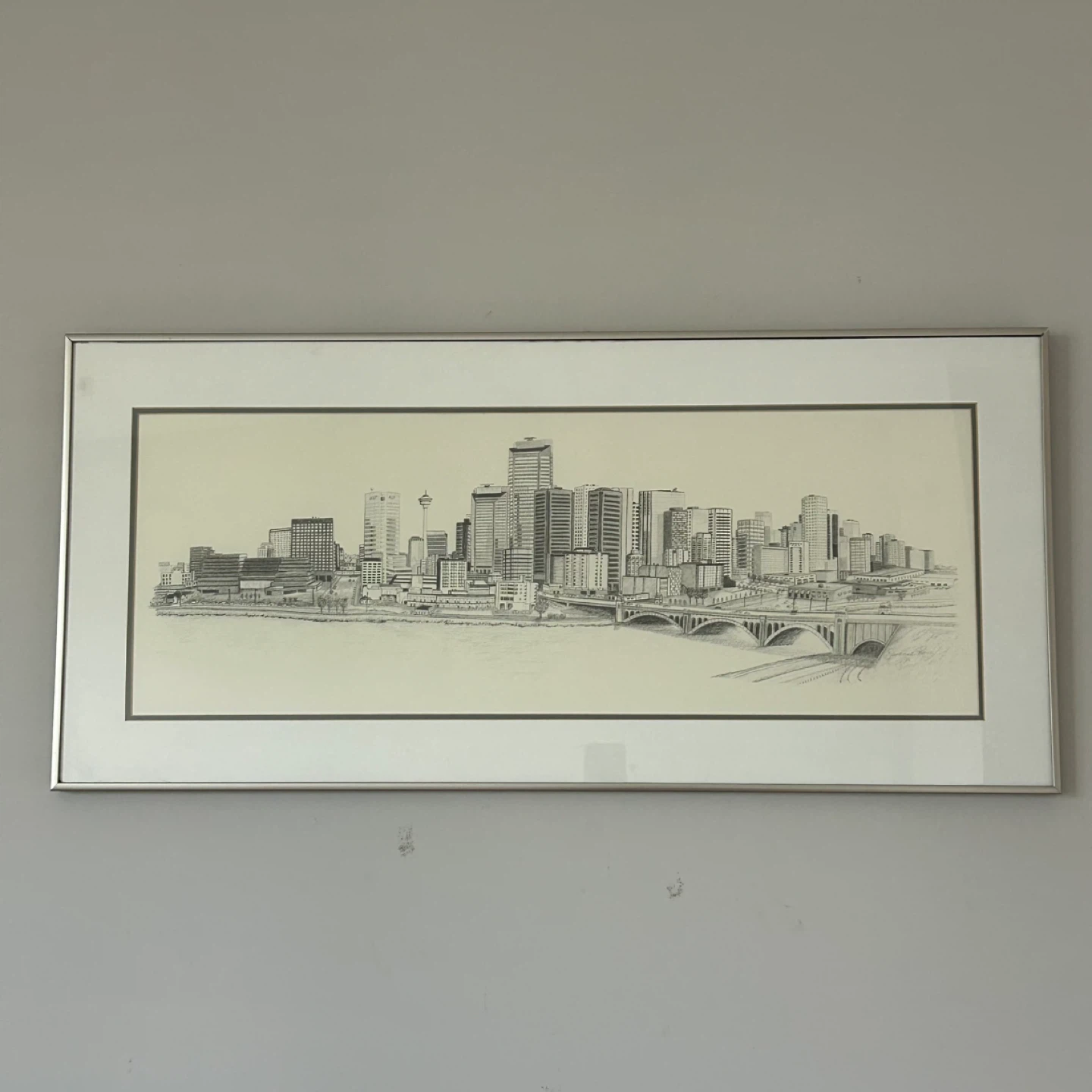 Large Vintage 1986 Calgary Skyline Pencil Drawing - photo 2