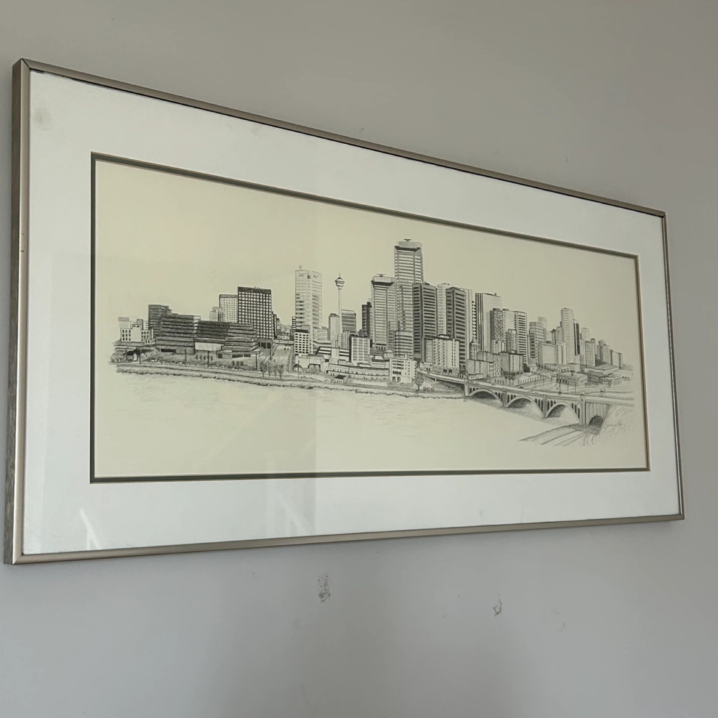 Large Vintage 1986 Calgary Skyline Pencil Drawing