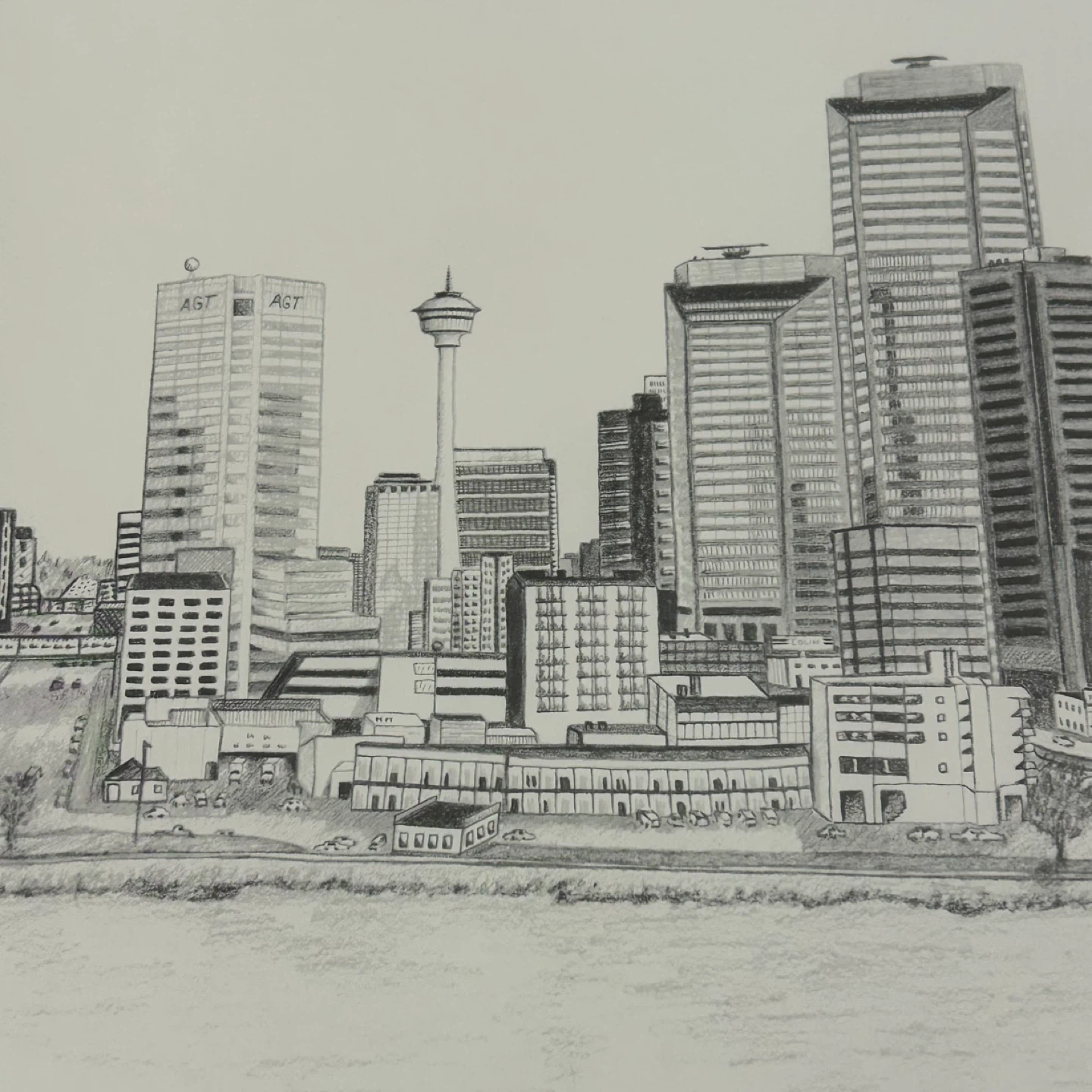 Large Vintage 1986 Calgary Skyline Pencil Drawing - photo 5