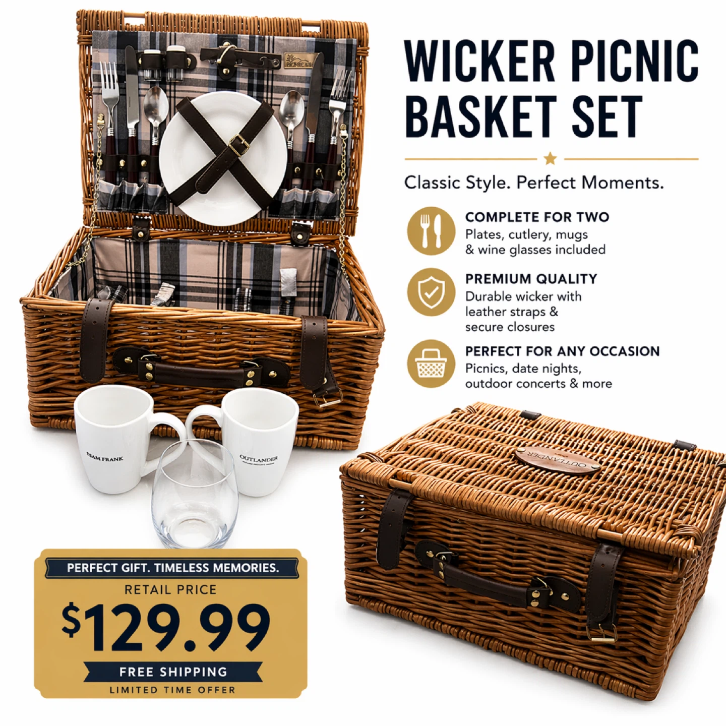 Wicker Picnic Basket Set for Two - Outlander
