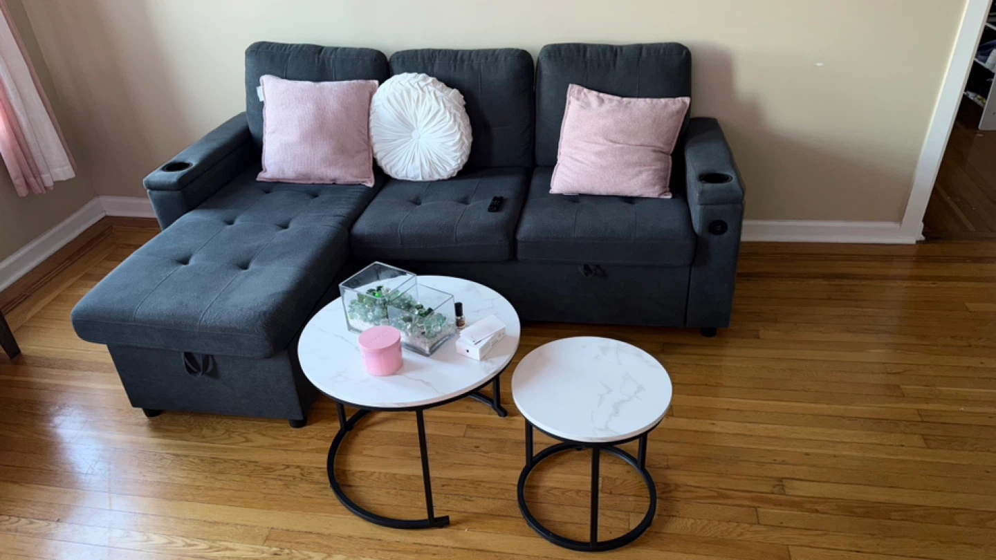 Dark Gray Sectional Sofa with Storage and Cup Holders