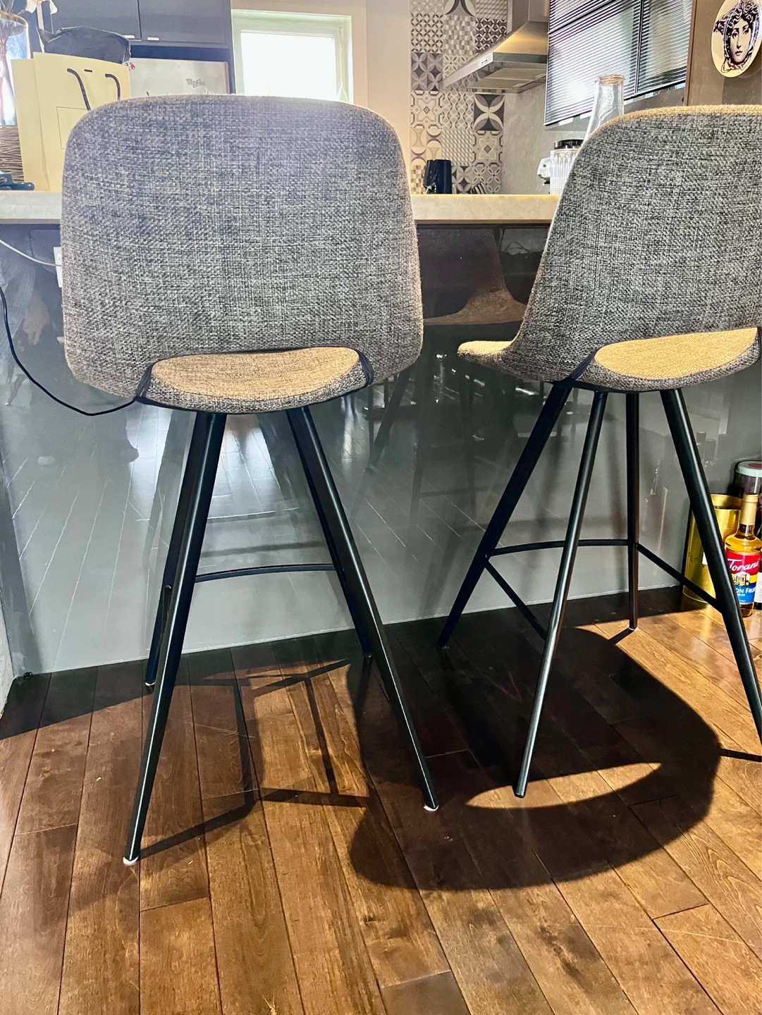 Set of 2 Grey Fabric Bar Stools with Black Metal Legs - photo 4