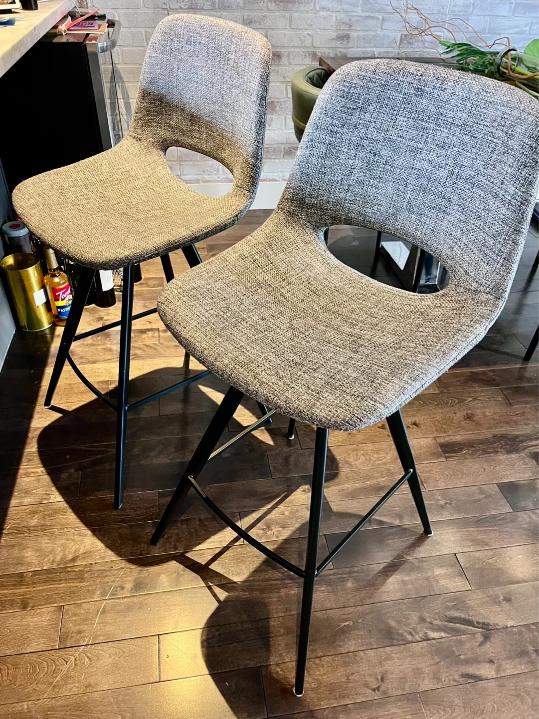 Set of 2 Grey Fabric Bar Stools with Black Metal Legs