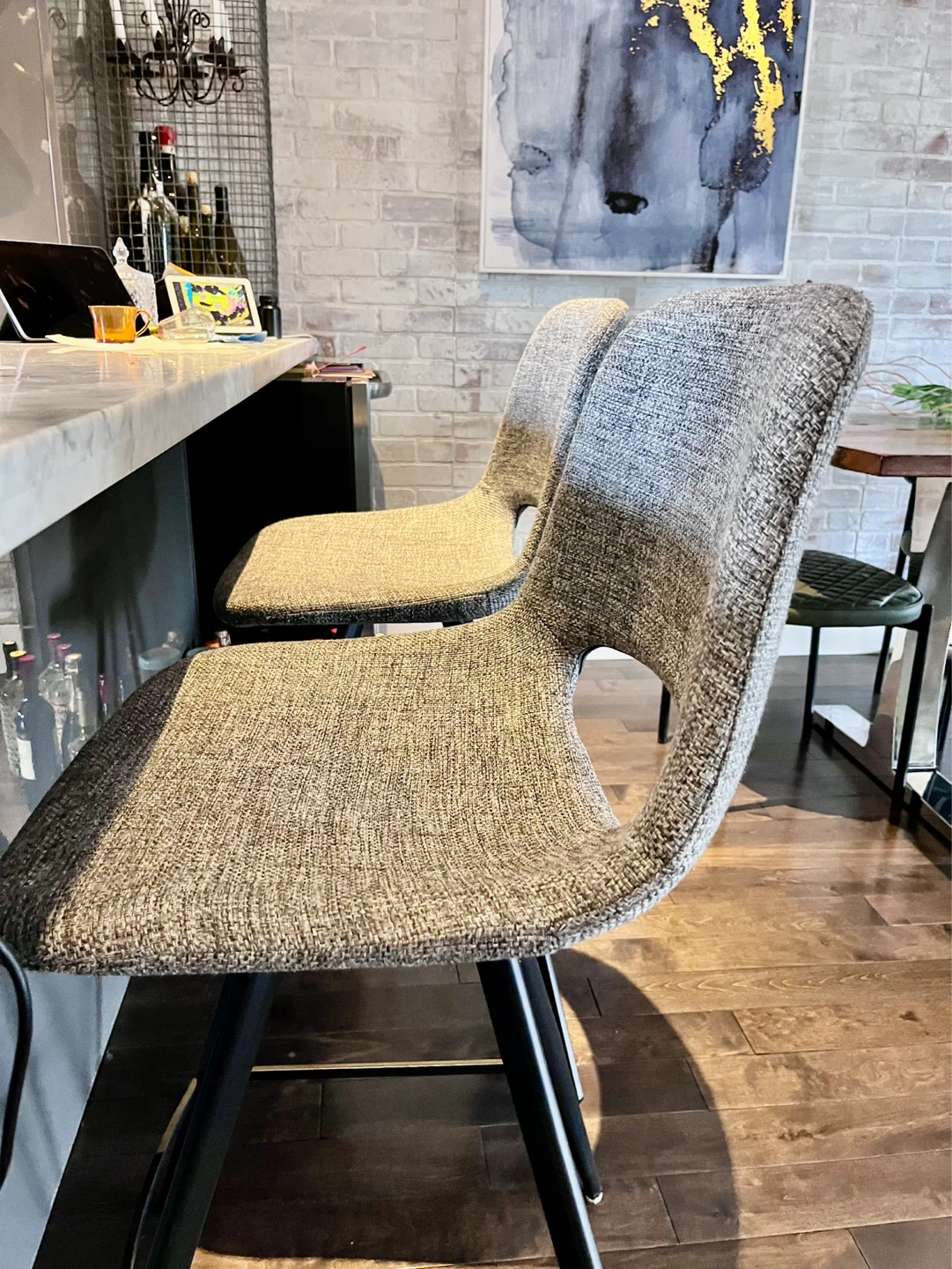 Set of 2 Grey Fabric Bar Stools with Black Metal Legs - photo 3