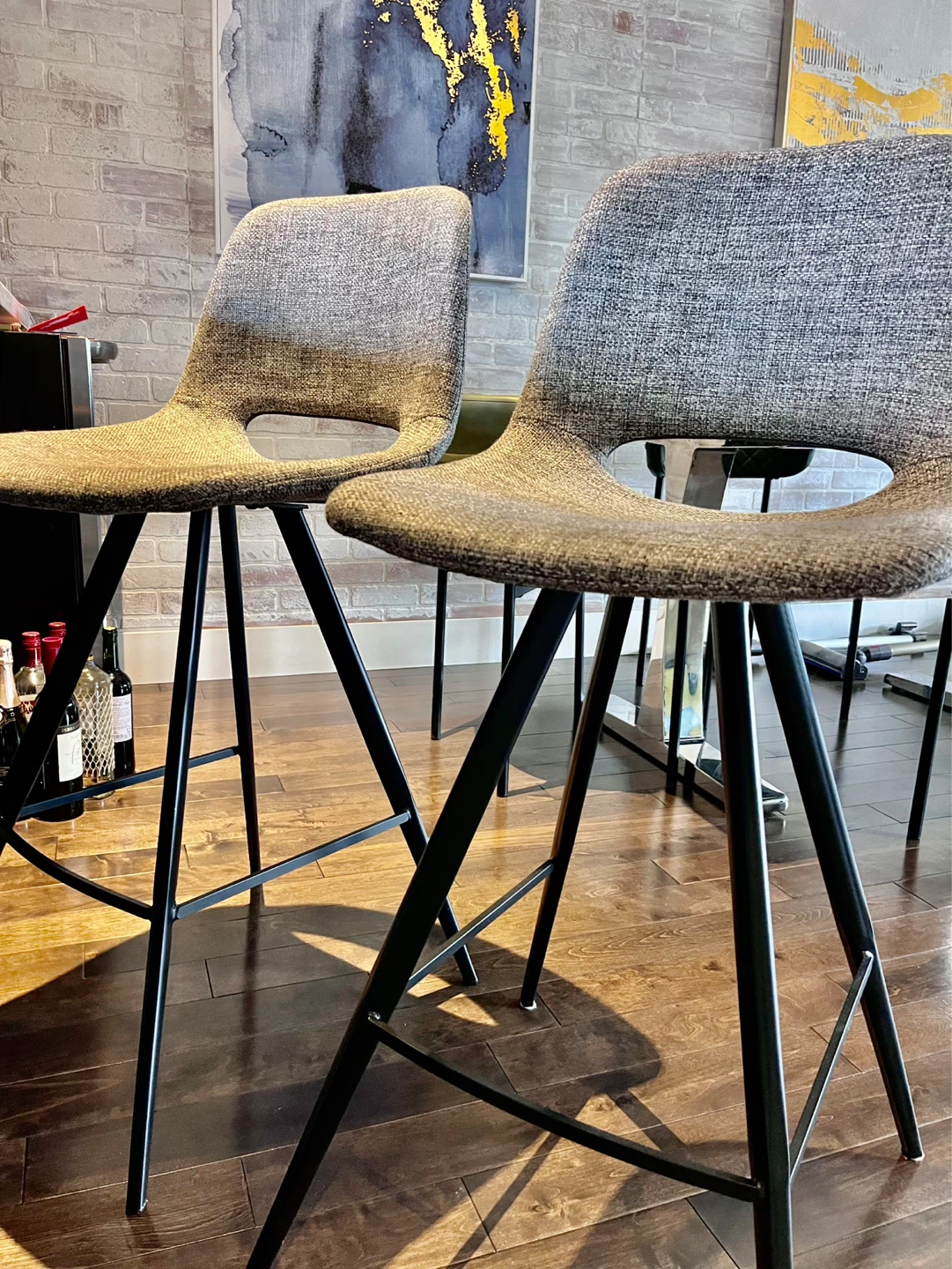 Set of 2 Grey Fabric Bar Stools with Black Metal Legs - photo 2