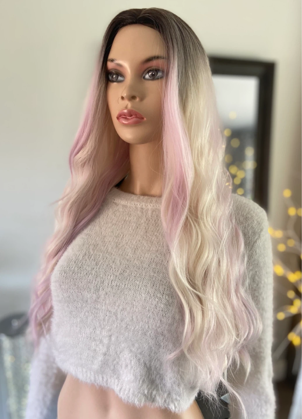 NWOT: Long Wavy Platinum Blonde & Ice Pink Ombré Synthetic Wig