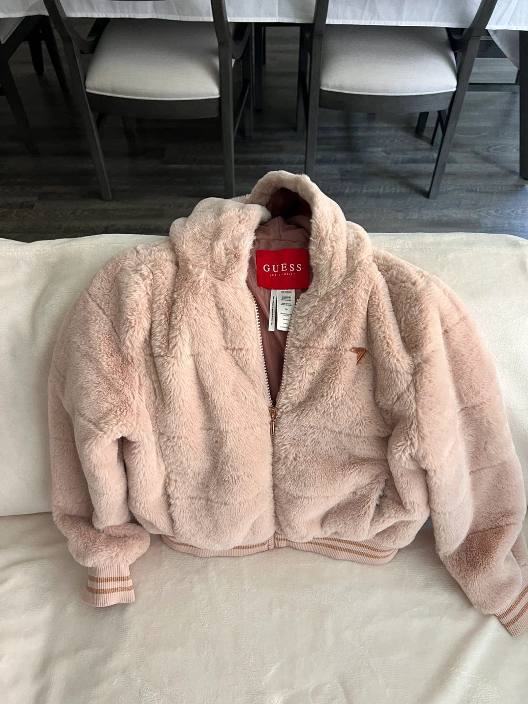 Guess Faux Fur Hooded Jacket - Pink Size 10