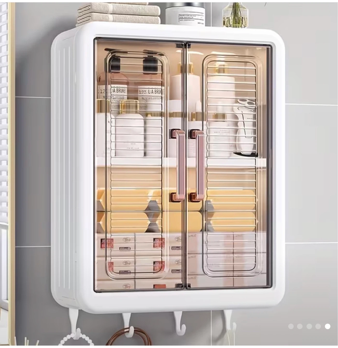 Plastic Wall Mounted Bathroom Storage Cabinet with Hooks