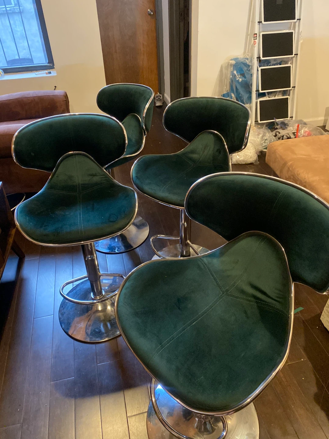 Set of 4 Green Velvet Bar Stools
