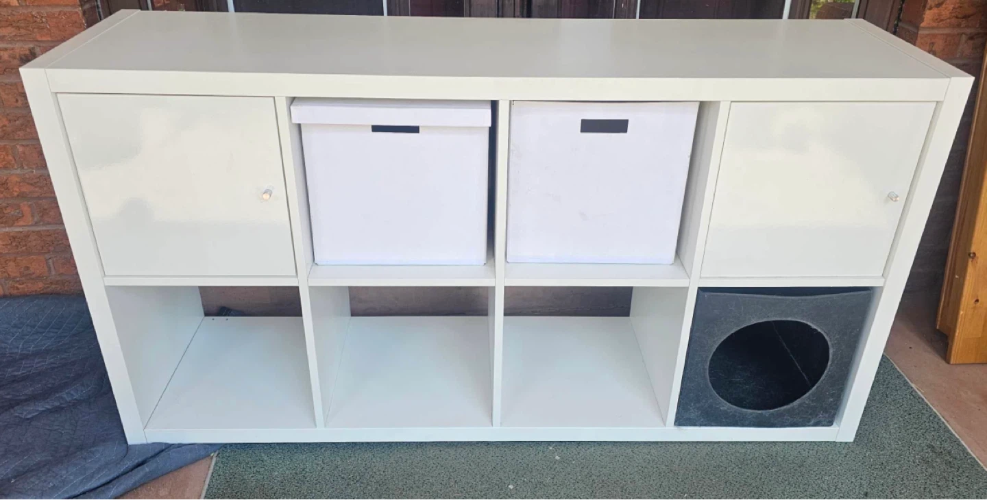 Moving Sale - White Kallax Shelving Unit with Doors and Bins