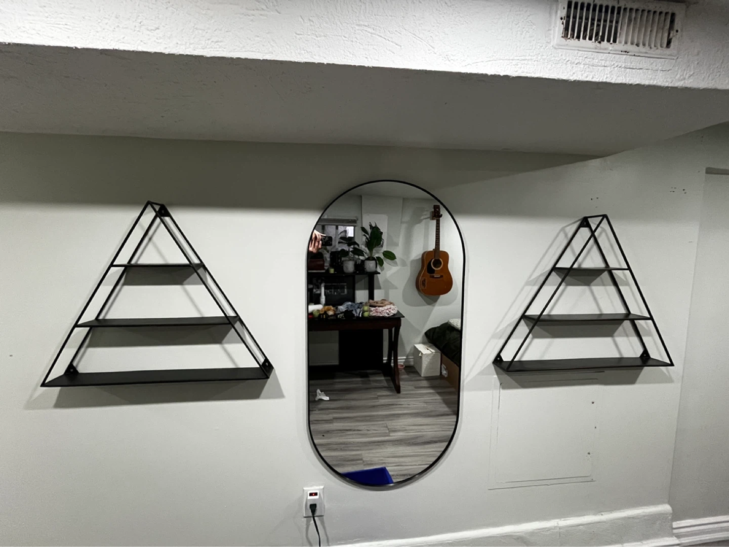 Black Metal Triangular Wall Shelf Set and mirror