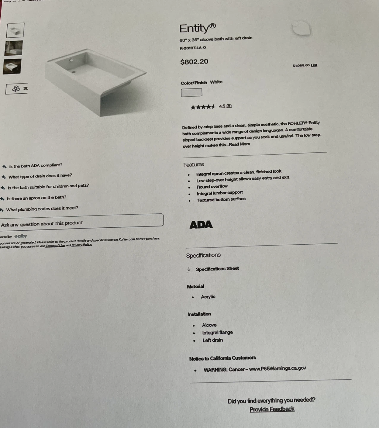 Kohler Entity Alcove Bathtub - White - photo 2