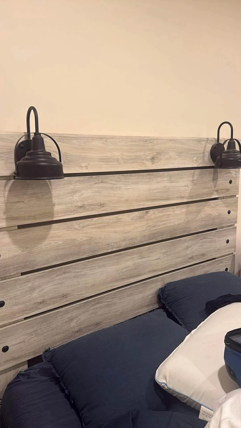 Rustic Wood Headboard with Wall Sconces