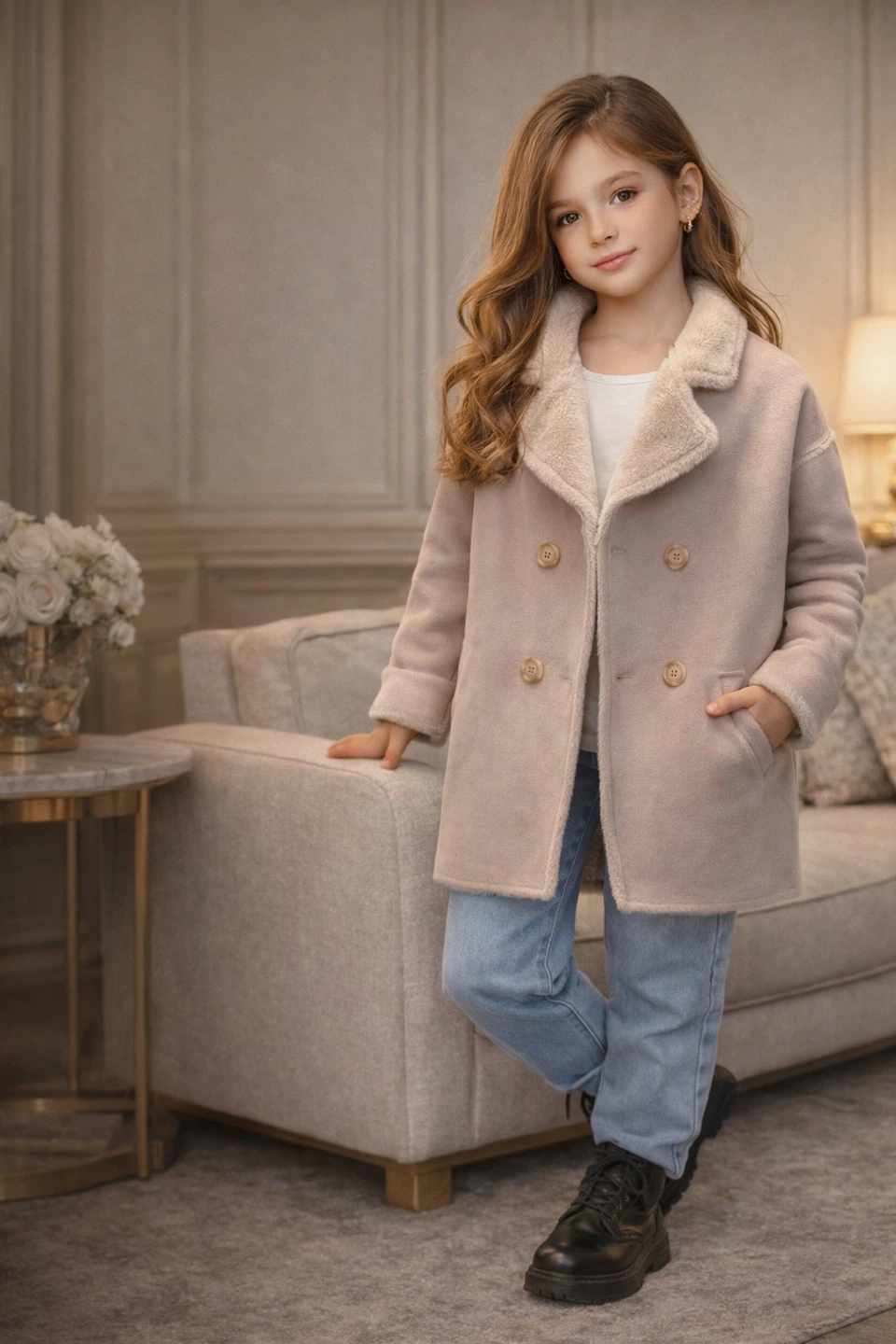 Kids Beige Faux Fur Lined Coat