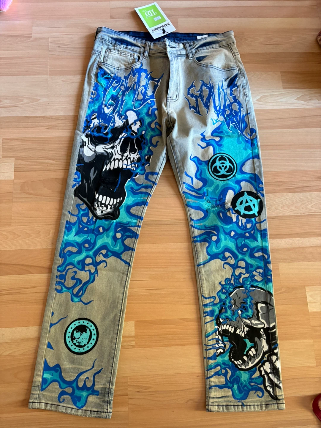 Men's Skulls Print Denim Jeans Street Style Slim Fit Size 34