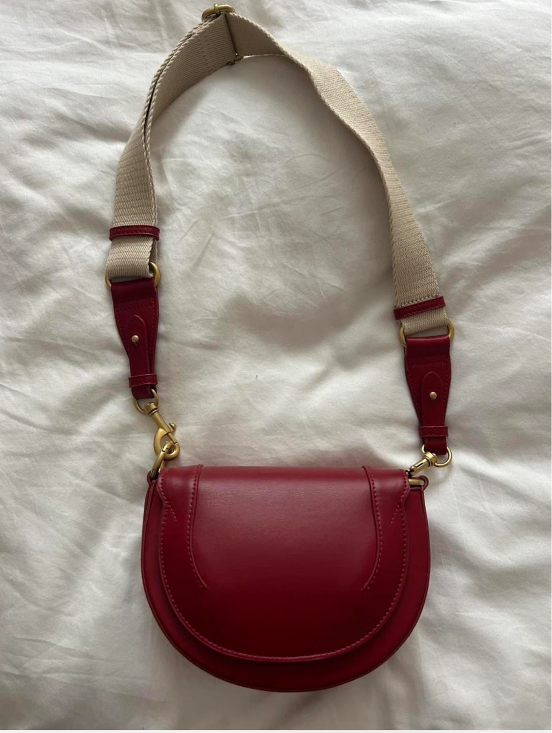 Zara Red Leather Saddle Bag with Canvas Strap