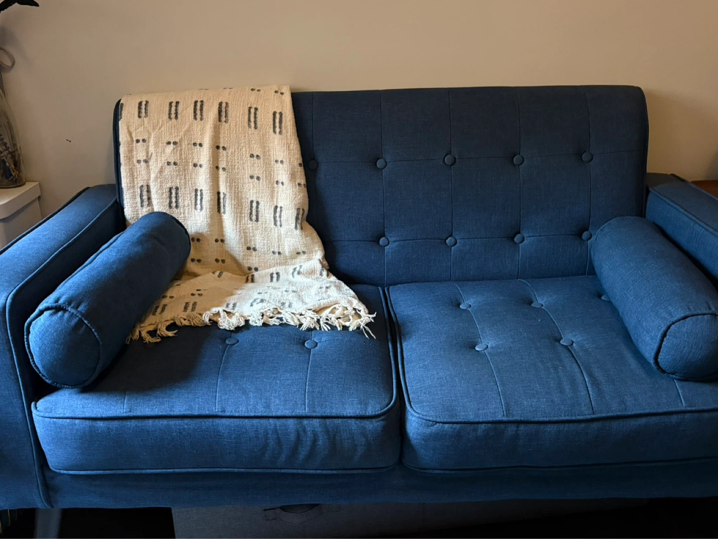 Blue Tufted Loveseat with Bolster Pillows - photo 4