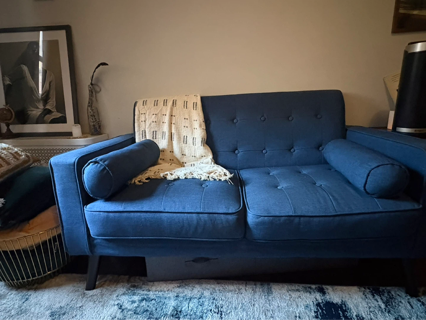 Blue Tufted Loveseat with Bolster Pillows - photo 2