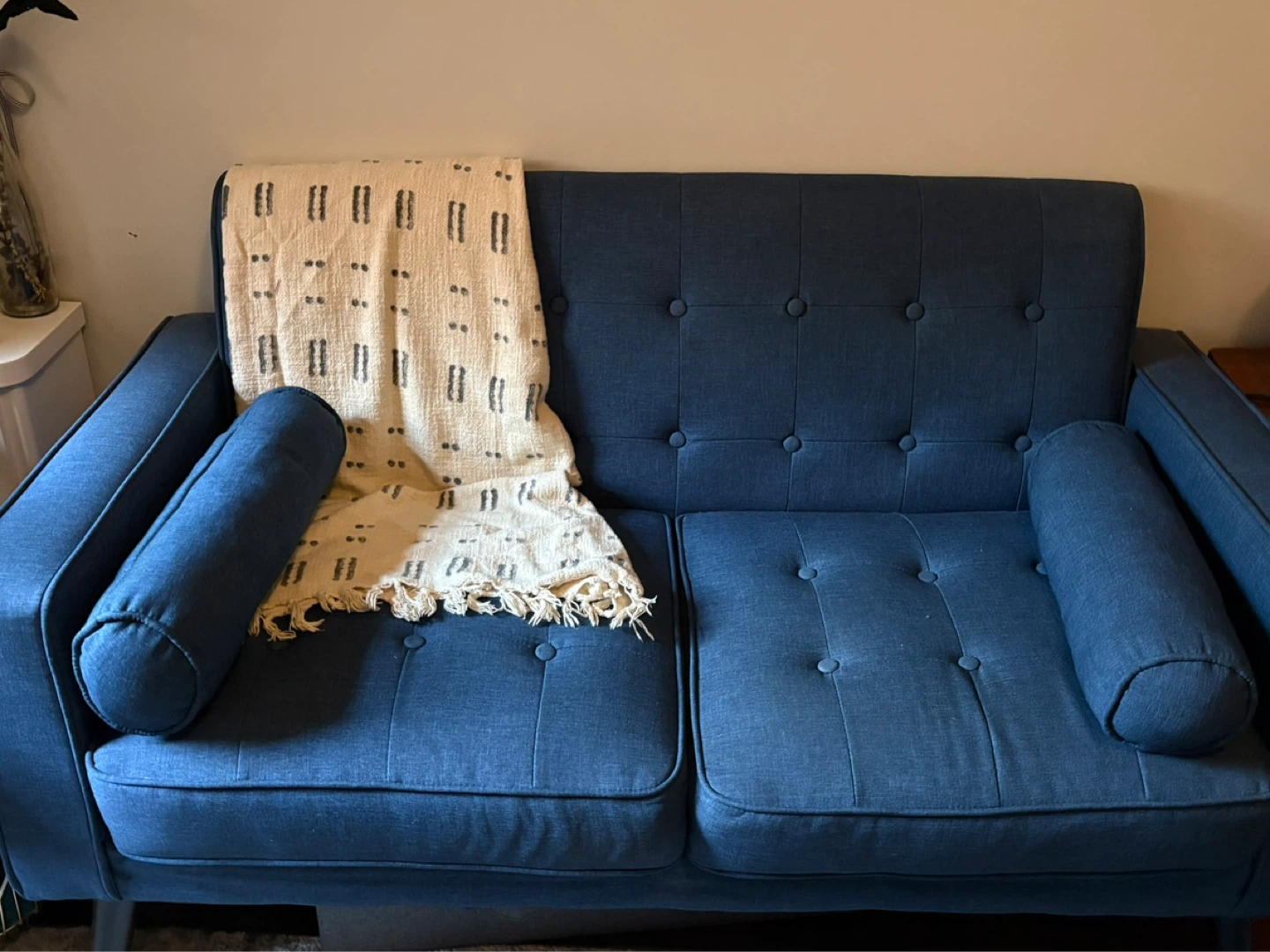 Blue Tufted Loveseat with Bolster Pillows - photo 5