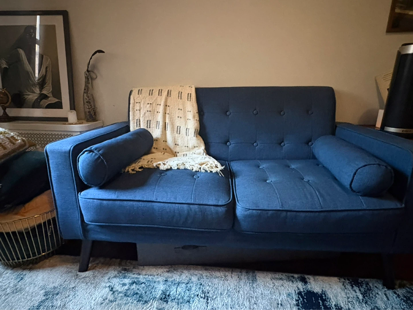 Blue Tufted Loveseat with Bolster Pillows