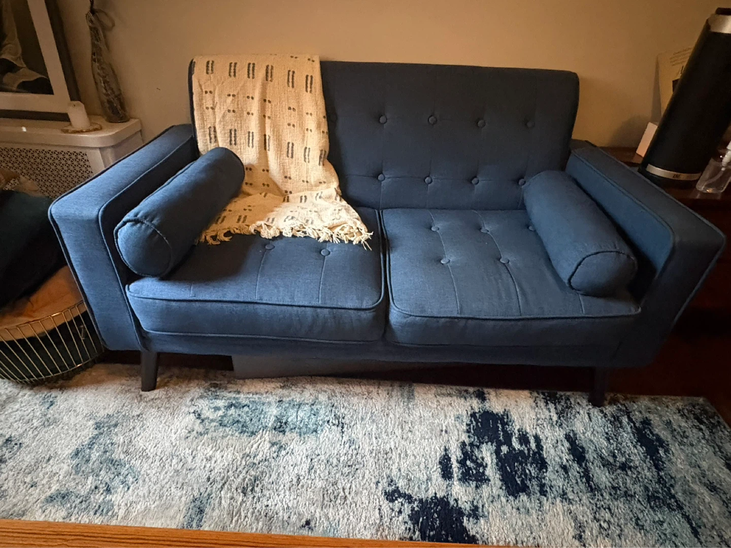 Blue Tufted Loveseat with Bolster Pillows - photo 3