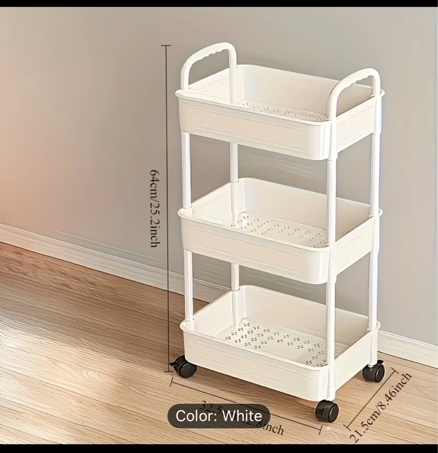 3-Tier Rolling Storage Cart - White