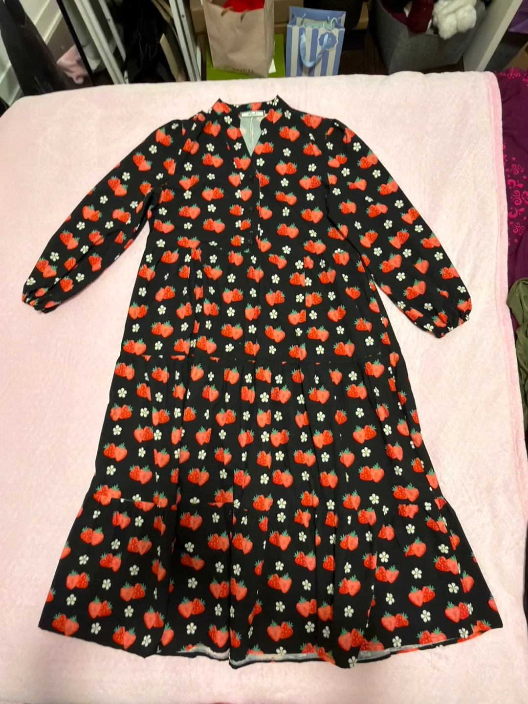 Black Strawberry Print Tiered Dress