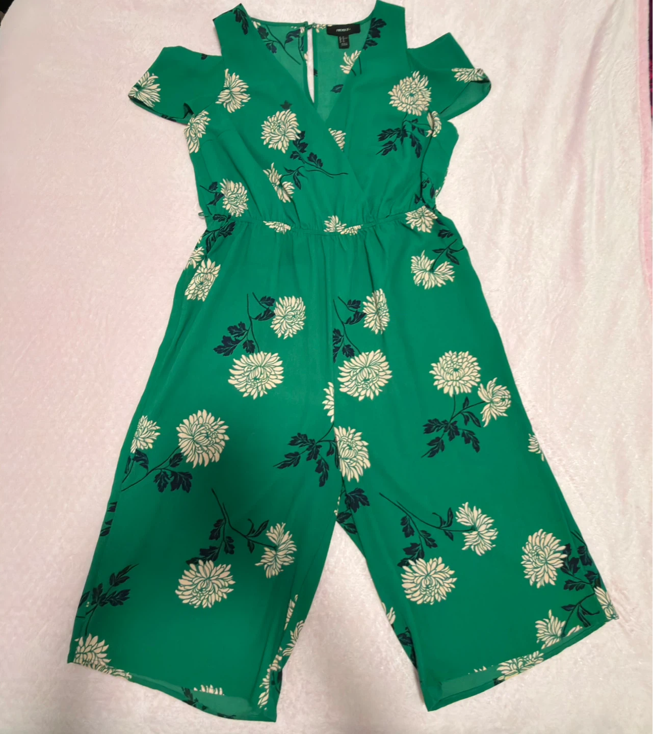 Forever 21+ Green Floral Cold Shoulder Jumpsuit