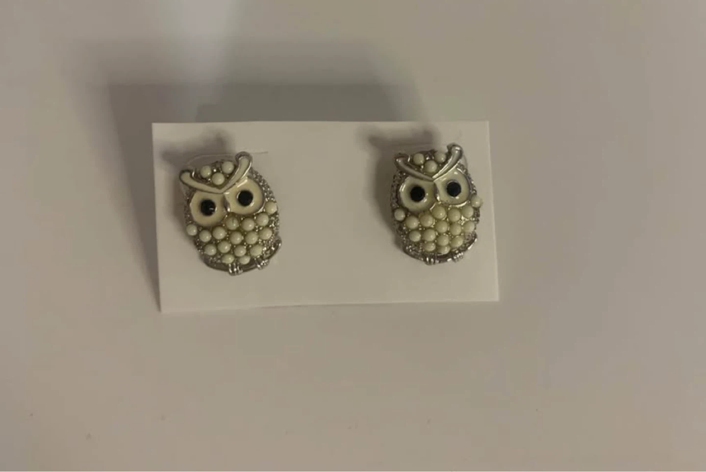 Owl Earrings Cream and Silver Tone